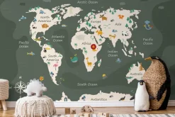 Fototapeta: Ilustracja dla dzieci zwierzątka i ryby na mapie świata