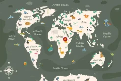 Fototapeta: Ilustracja dla dzieci zwierzątka i ryby na mapie świata