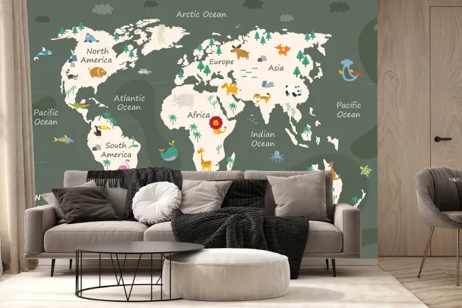 Fototapeta: Ilustracja dla dzieci zwierzątka i ryby na mapie świata