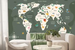 Fototapeta: Ilustracja dla dzieci zwierzątka i ryby na mapie świata