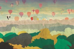 Fototapeta: Ilustracja z balonami lecącymi nad lasem i górami