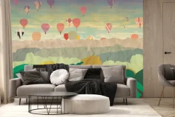 Fototapeta: Ilustracja z balonami lecącymi nad lasem i górami