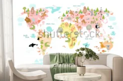 Fototapeta: Ilustrowana mapa świata z kontynentami i zwierzętami