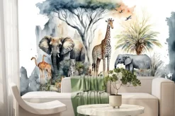 Fototapeta: Ilustrowane zwierzęta i tropikalne drzewa akwarela