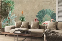 Fototapeta: Imitacja dżungli z flamingiem na betonie