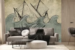 Fototapeta: Imitacja tonącego statku na morzu z falami