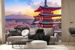 Fototapeta: Japoński dom na tle gór i zachodu słońca