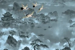 Fototapeta: Japoński krajobraz jeziora z gondolami i ptakami