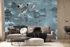 Fototapeta: Japoński krajobraz jeziora z gondolami i ptakami