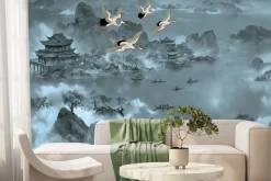 Fototapeta: Japoński krajobraz jeziora z gondolami i ptakami