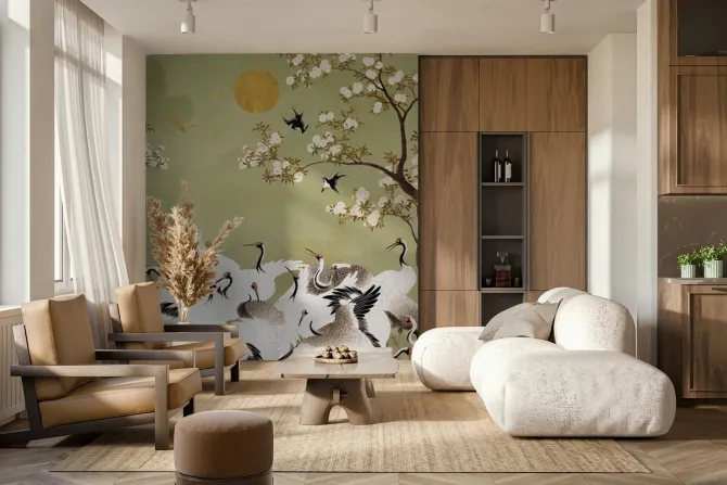 Fototapeta: Japoński ogród z żurawiami na zielonym tle