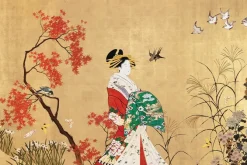 Fototapeta: Japoński ogród z kobietą i ptakami