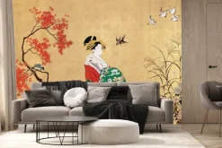 Fototapeta: Japoński ogród z kobietą i ptakami