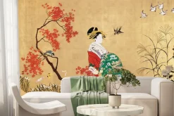 Fototapeta: Japoński ogród z kobietą i ptakami