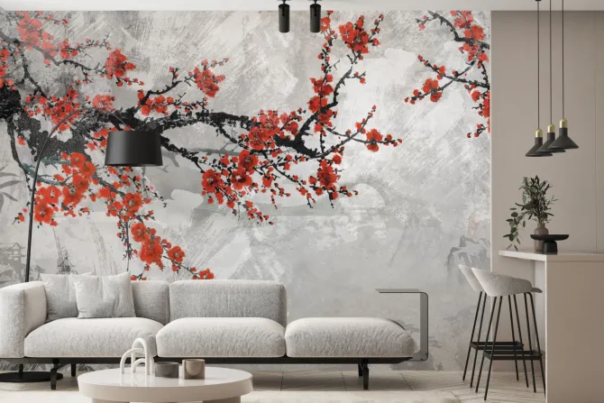 Fototapeta: Japoński wzór z kwiatami wiśni na betonie