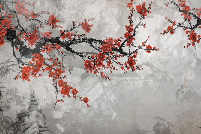 Fototapeta: Japoński wzór z kwiatami wiśni na betonie
