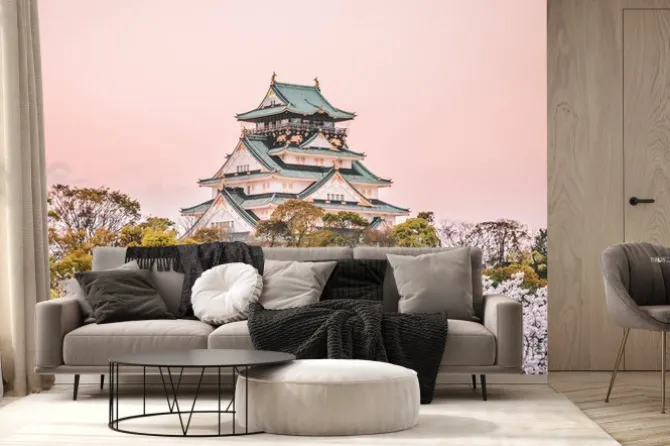 Fototapeta: Japoński zamek w mieście osaka o zachodzie słońca