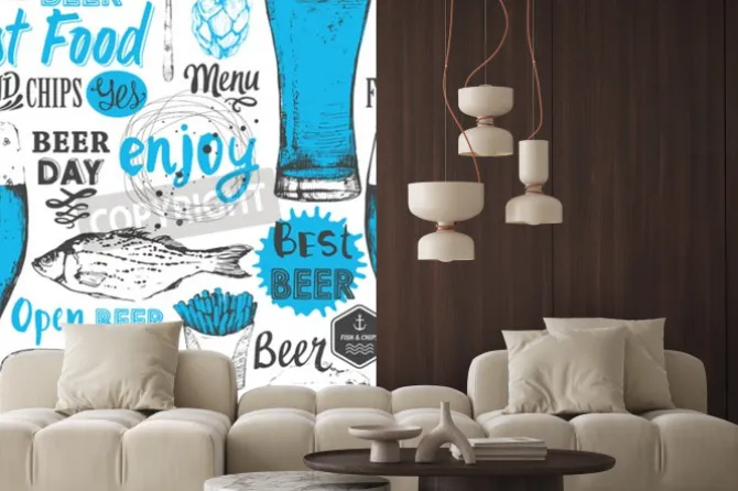 Fototapeta: Jednolite tło z zestawem piwa. menu pub. butelka i szklanka piwa