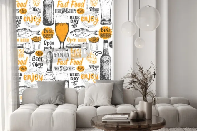 Fototapeta: Jednolite tło z zestawem piwa. menu pub. butelka i szklanka piwa