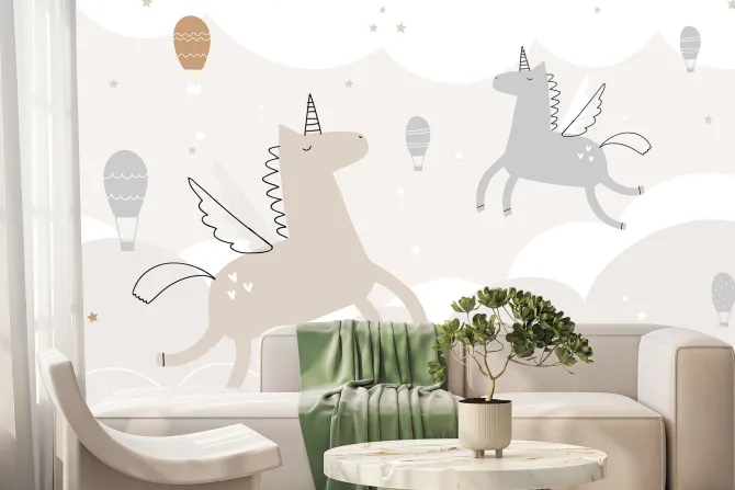 Fototapeta: Jednorożce i balony na niebie stylu skandynawskim