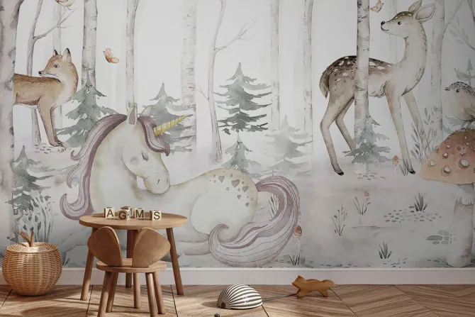 Fototapeta: Jednorożec i zwierzątka w akwarelowym lesie