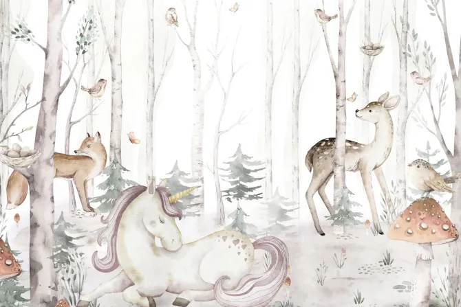 Fototapeta: Jednorożec i zwierzątka w akwarelowym lesie