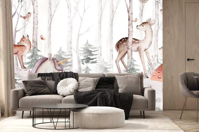 Fototapeta: Jednorożec i zwierzątka w akwarelowym lesie