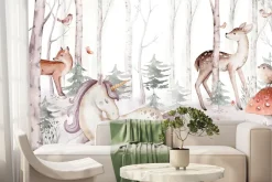 Fototapeta: Jednorożec i zwierzątka w akwarelowym lesie