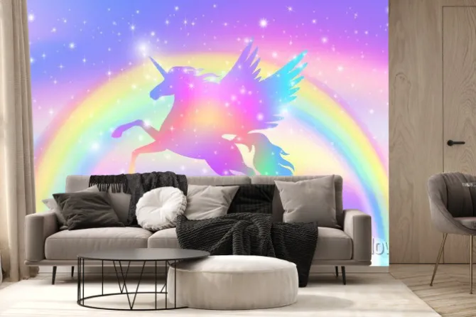 Fototapeta: Jednorożec na tle tęczy w chmurach