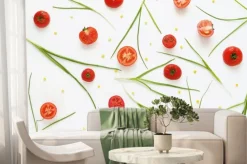 Fototapeta: Jedzenie wzór świeżych pomidorów i zielonej cebuli. warzywa?