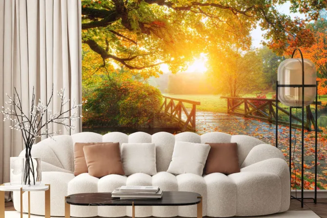 Fototapeta: Jesienny krajobraz wschód słońca w parku