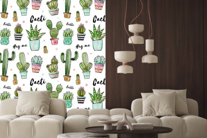 Fototapeta: Kaktusy w kolorowych doniczkach malowane akwarelą