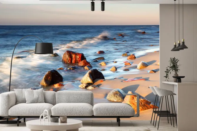 Fototapeta: Kamienie na plaży o zachodzie słońca