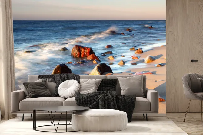 Fototapeta: Kamienie na plaży o zachodzie słońca