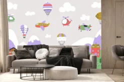 Fototapeta: Kids airplanes landscape. airplane and hot air balloons flying