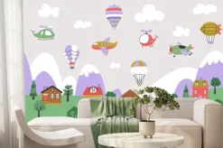 Fototapeta: Kids airplanes landscape. airplane and hot air balloons flying