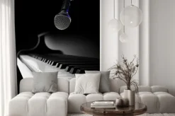 Fototapeta: Klawisze fortepianu na czarnym fortepianie z mikrofonem