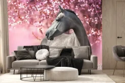 Fototapeta: Koń źrebak przy kwitnącym drzewie wiśni