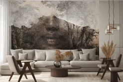 Fototapeta: Kobiecy portret abstrakcyjny ze złotawym akcentem na ustach wśród