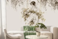 Fototapeta: Kobieta na huśtawce wśród kwiatów