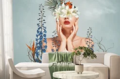 Fototapeta: Kobieta na portrecie z kolorowymi kwiatami