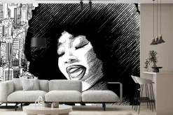 Fototapeta: Kobieta śpiewająca w miejskim otoczeniu czarno biały rysunek