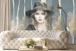 Fototapeta: Kobieta w kapeluszu wśród abstrakcyjnego leśnego pejzażu