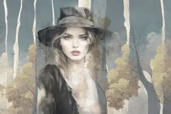 Fototapeta: Kobieta w kapeluszu wśród abstrakcyjnego leśnego pejzażu