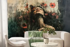 Fototapeta: Kobieta wśród maków na murze