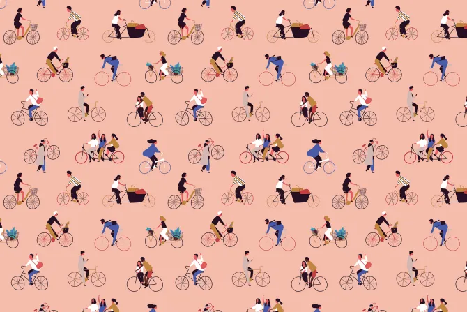 Fototapeta: Kobiety i mężczyźni jadący na rowerach