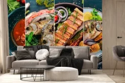 Fototapeta: Kolaż potraw. sałatki, przekąski, dania mięsne i ryby. na drewnianym