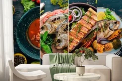 Fototapeta: Kolaż potraw. sałatki, przekąski, dania mięsne i ryby. na drewnianym