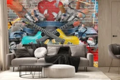 Fototapeta: Kolaż z muzyką, kolorem i jasnym tle muzycznym