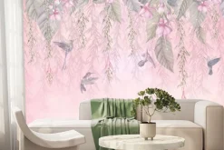 Fototapeta: Kolibry wśród liści i pastelowych kwiatów